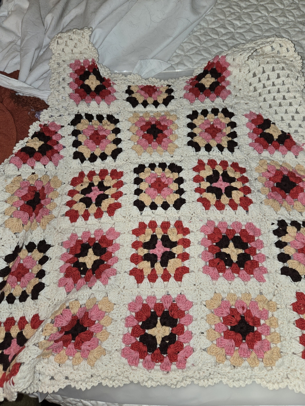 Lucky Brand Handmade Cream Crochet Granny Square Sweater - Pink & Red Accents